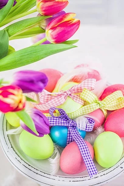 colorful eggs & tulips