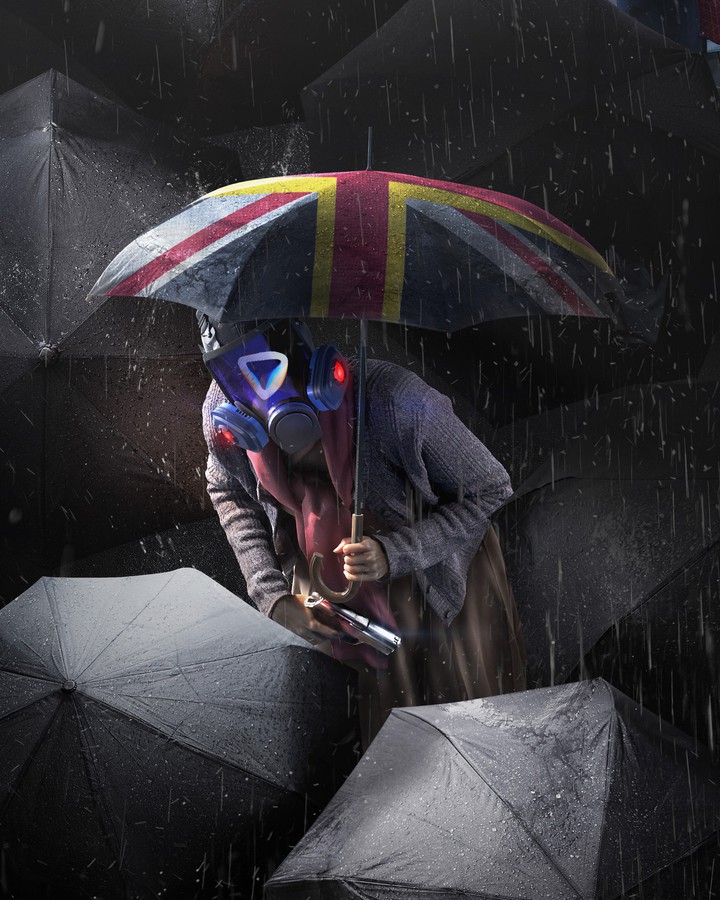 Dangerous Guy in the middle of Umbrellas