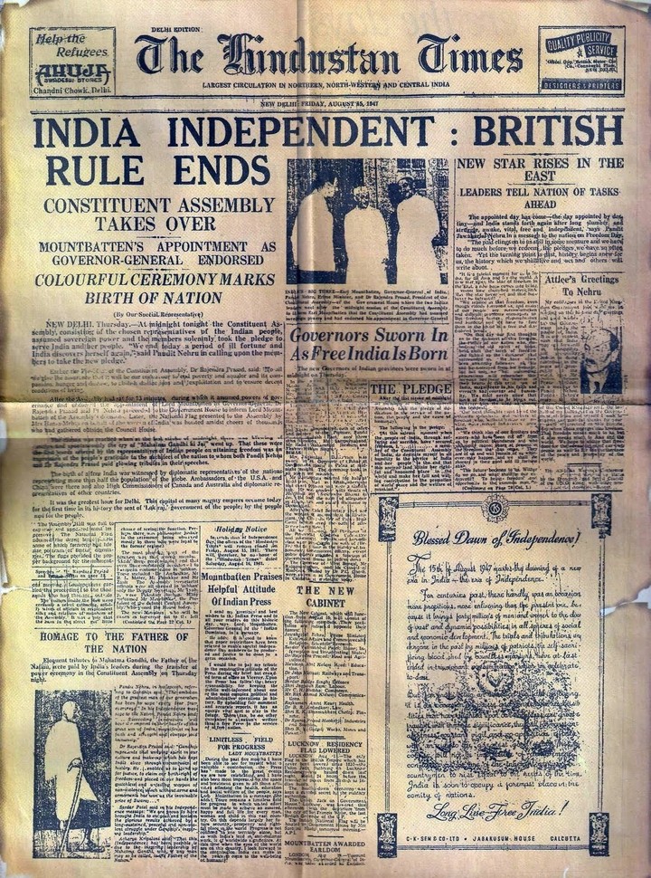 The front page of the Hindustan Times on August 15, 1947