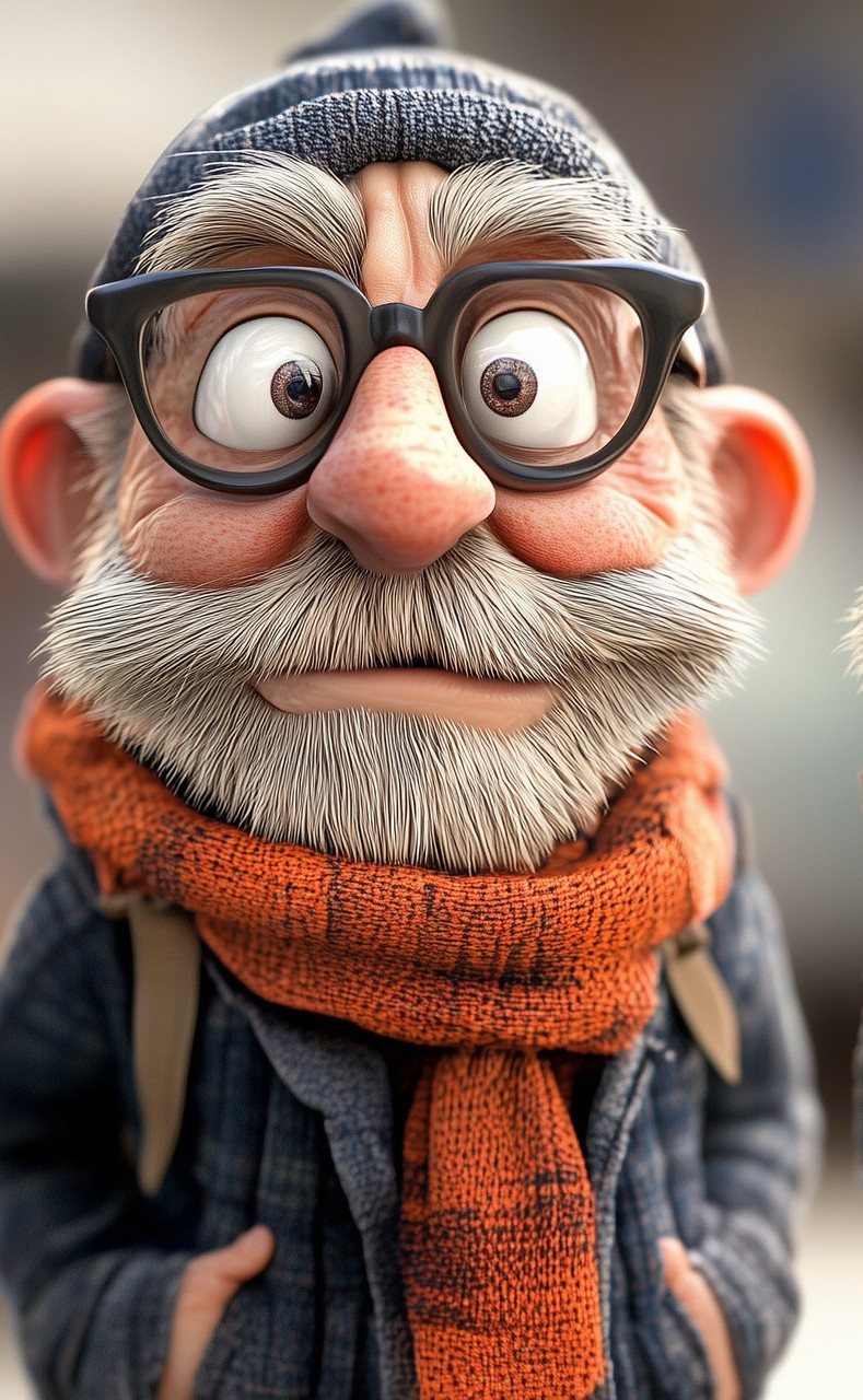 Close up portrait of a funny elderly male character with big eyes, round dark glasses, and a white b