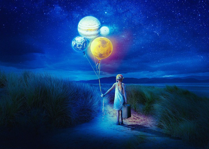 girl walking away with baloons