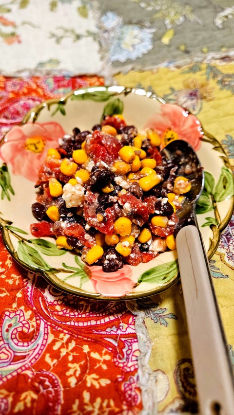 Delicious Black Bean Salad with Tomatoes and Corn and Two Types of Cheeses