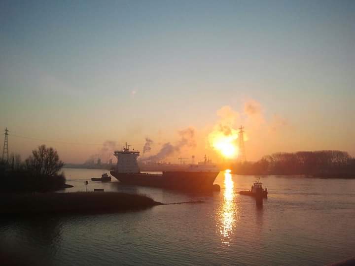 Ship at sunrise on a cold morning.