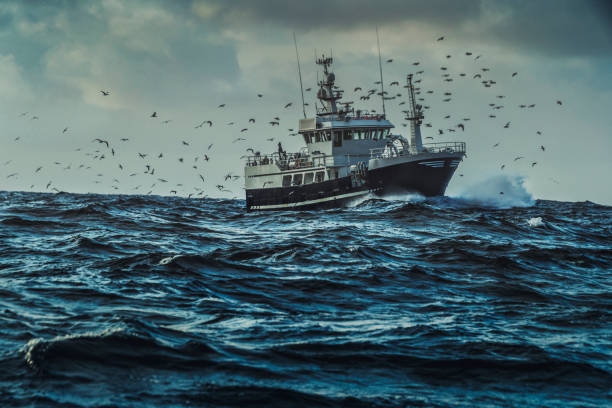 Fishing boat sailing at rough sea - stock photo