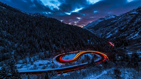 Road Light Sky Forest Mountains Snow