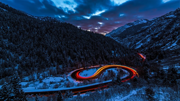 Road Light Sky Forest Mountains Snow