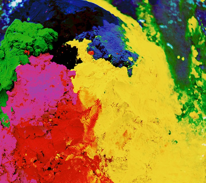 Green, pink, red, yellow,and blue