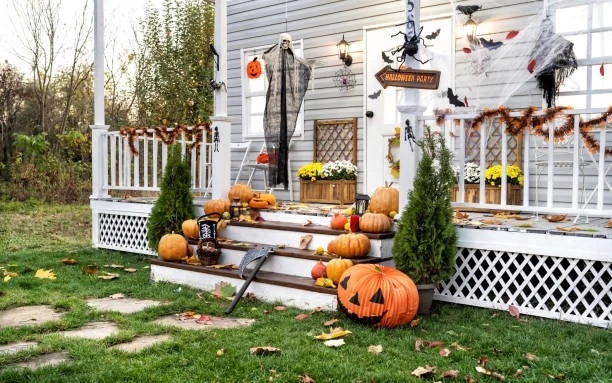 porch decorated for Halloween