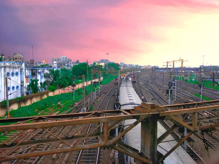 Railway Track under Red yellow sky