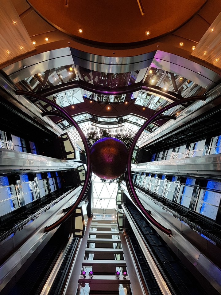 View up the Grand Foyer of a cruise liner.