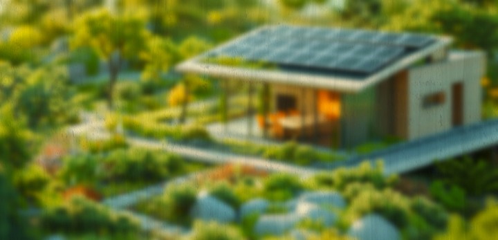 A contemporary sustainable home featuring rooftop solar panels and warm interior lighting, nestled i