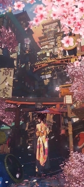 Japanese streets where cherry blossoms fly