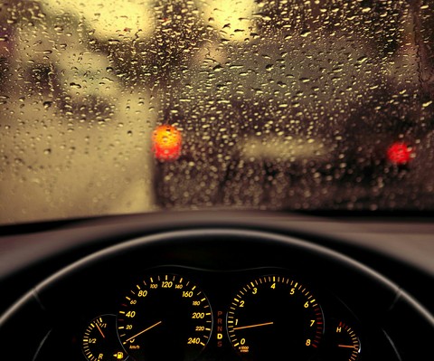car in rain