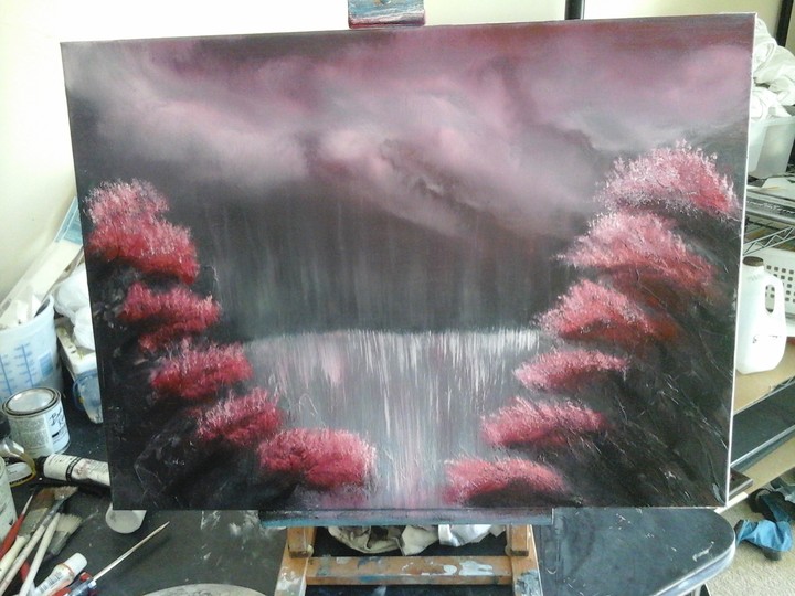 Pink rain over Waterfall