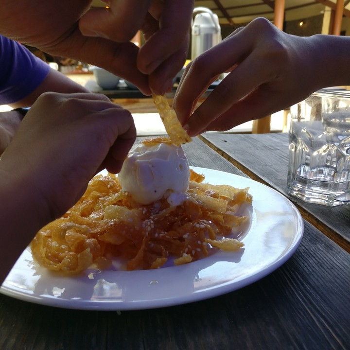 ice cream with honey dipped noodlea
