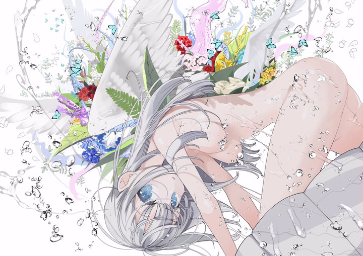 Naked girl with white crippled wings