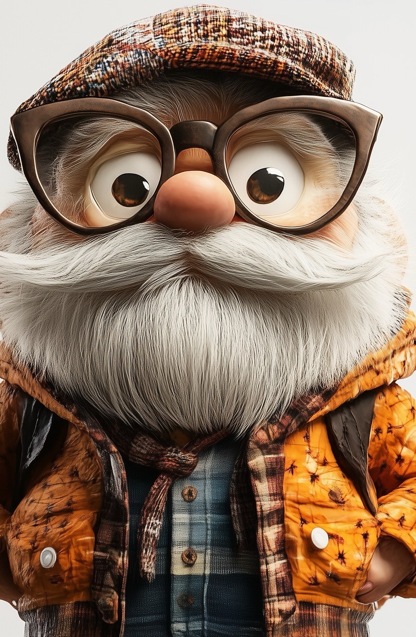 Close up portrait of a funny elderly male character with big eyes, round dark glasses, and a white b