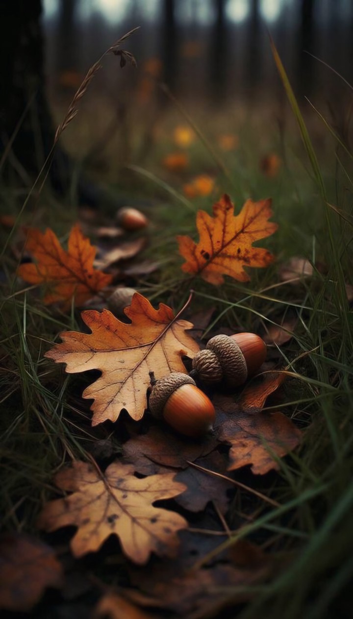 ACORNS and LEAVES ON THE GRASS
