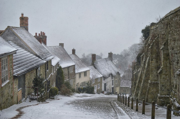 quaint village street in winter