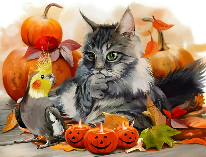 cute kitty and the bird in halloween