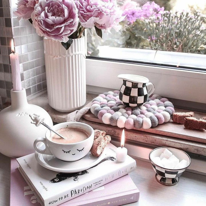 cup of coffee and pionies