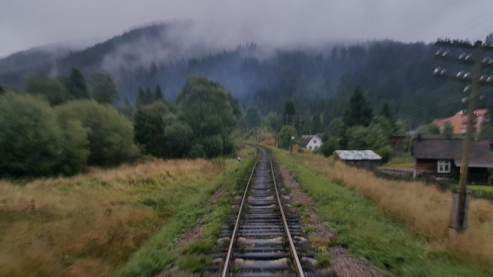 train, dar forest, mountains