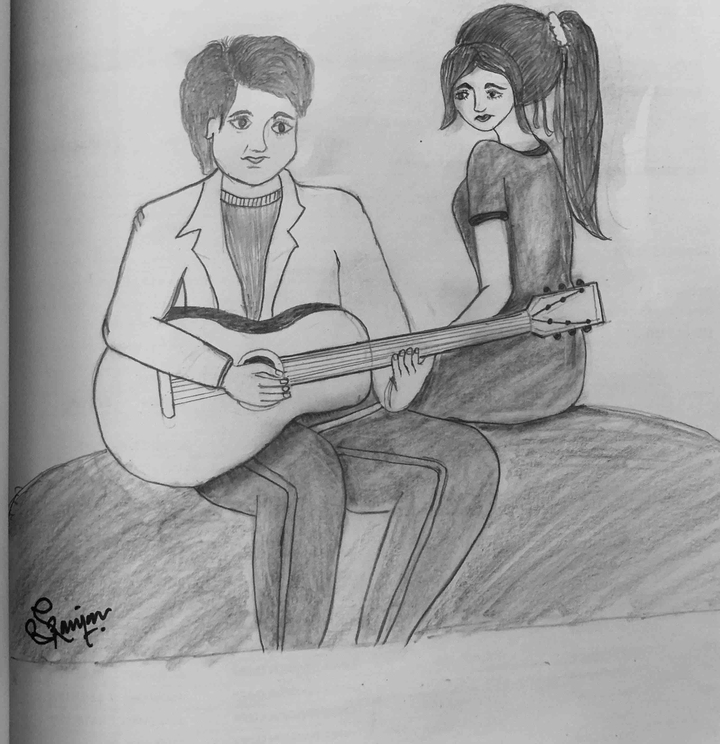 Boy is learning a girl how to play guitar
