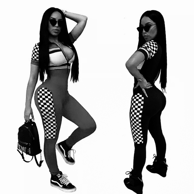 curvaceous woman in sports fitting jumpsuits