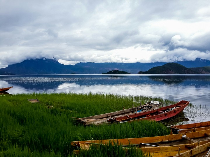 Lake, grass and boats