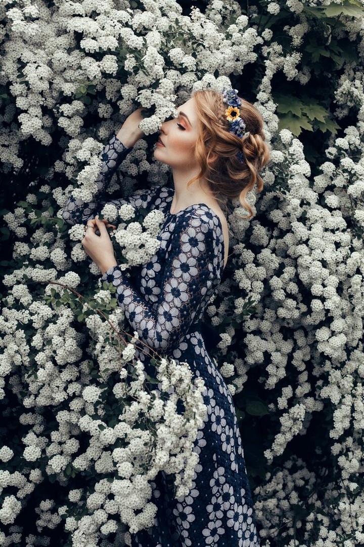Pretty girl in pretty white flowers! :)