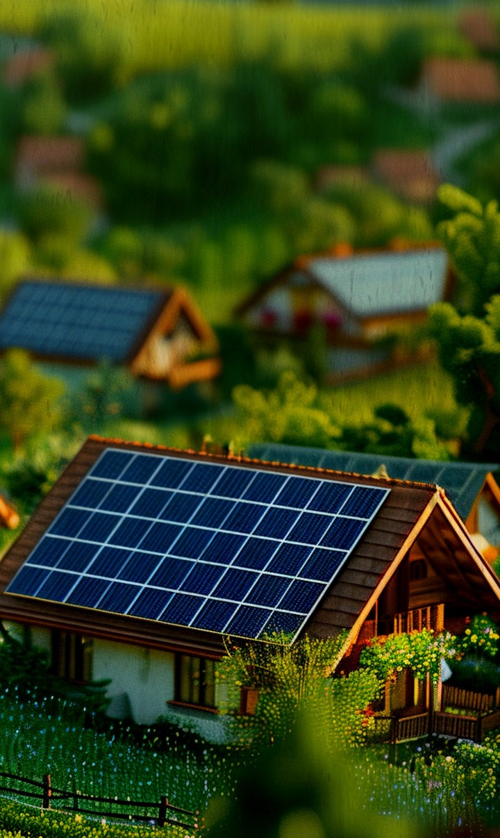 Aerial view of a sustainable rural settlement featuring wooden houses equipped with solar energy pan