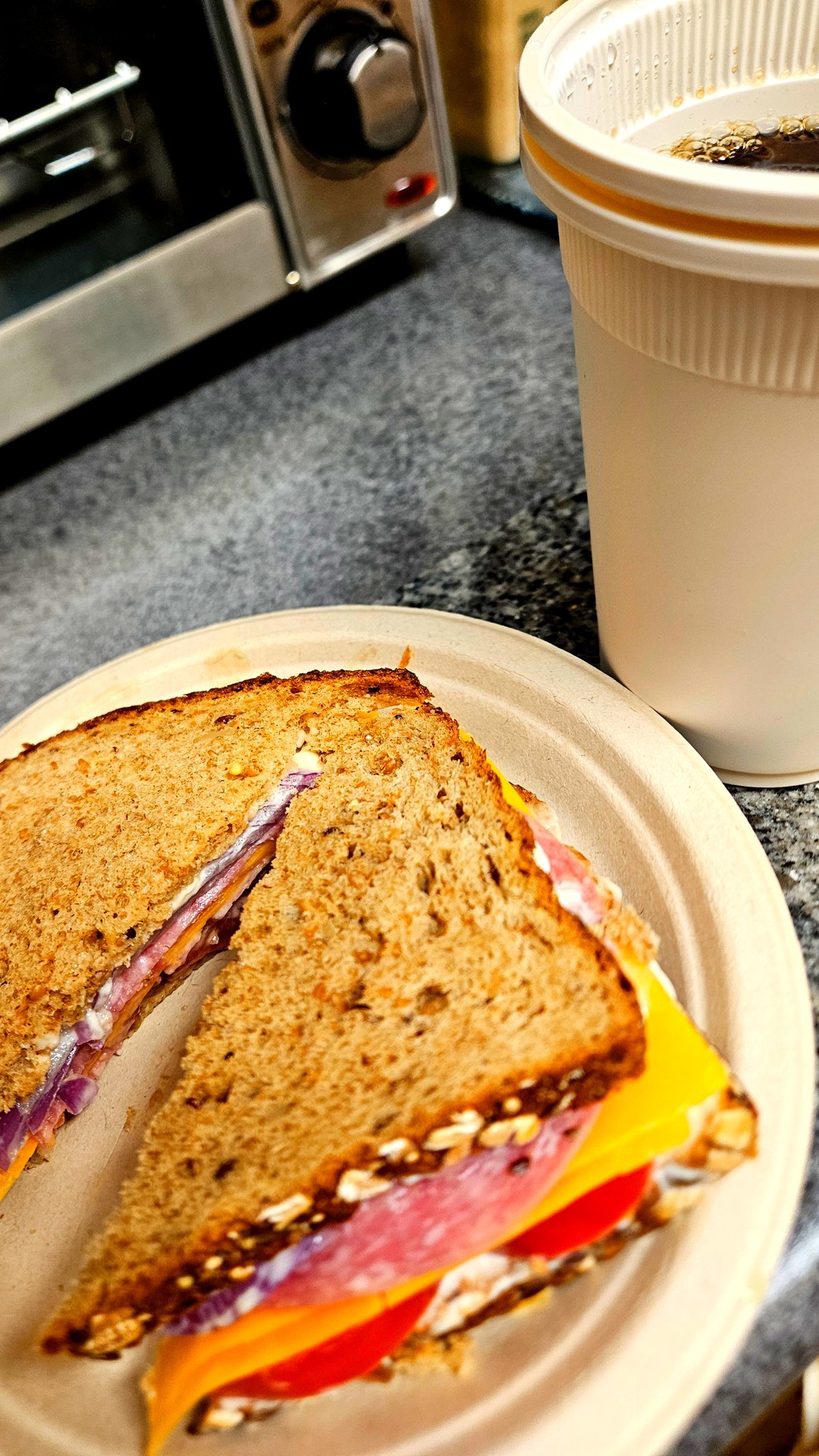 Salami, Sharp Cheddar Tomatoes, Red Onions, Whole Grain Bread, Mayo