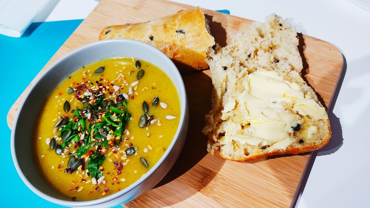 Soup, butter and bread