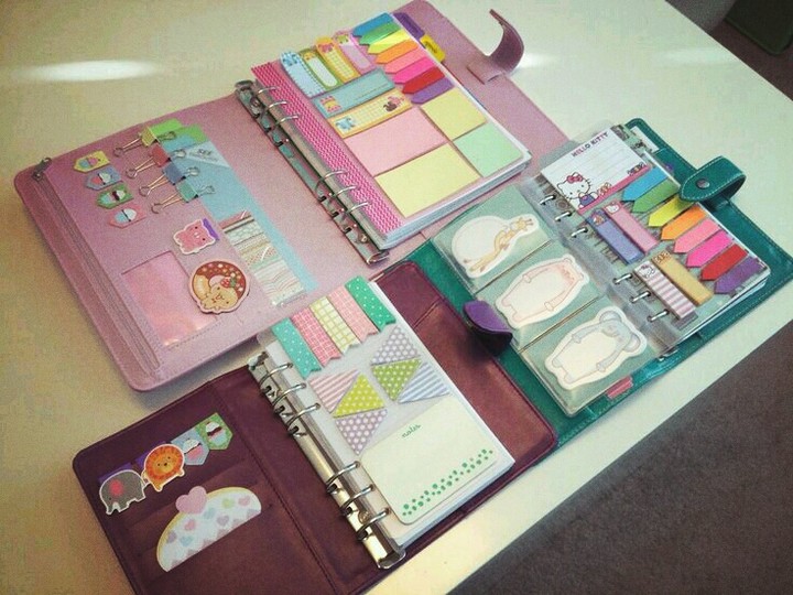 My collection of sticky notes and binder clips