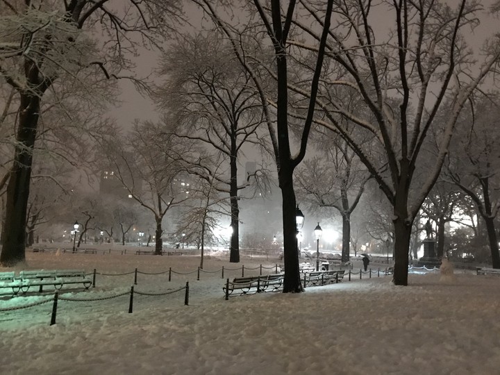 spring snow in Washington Square Park