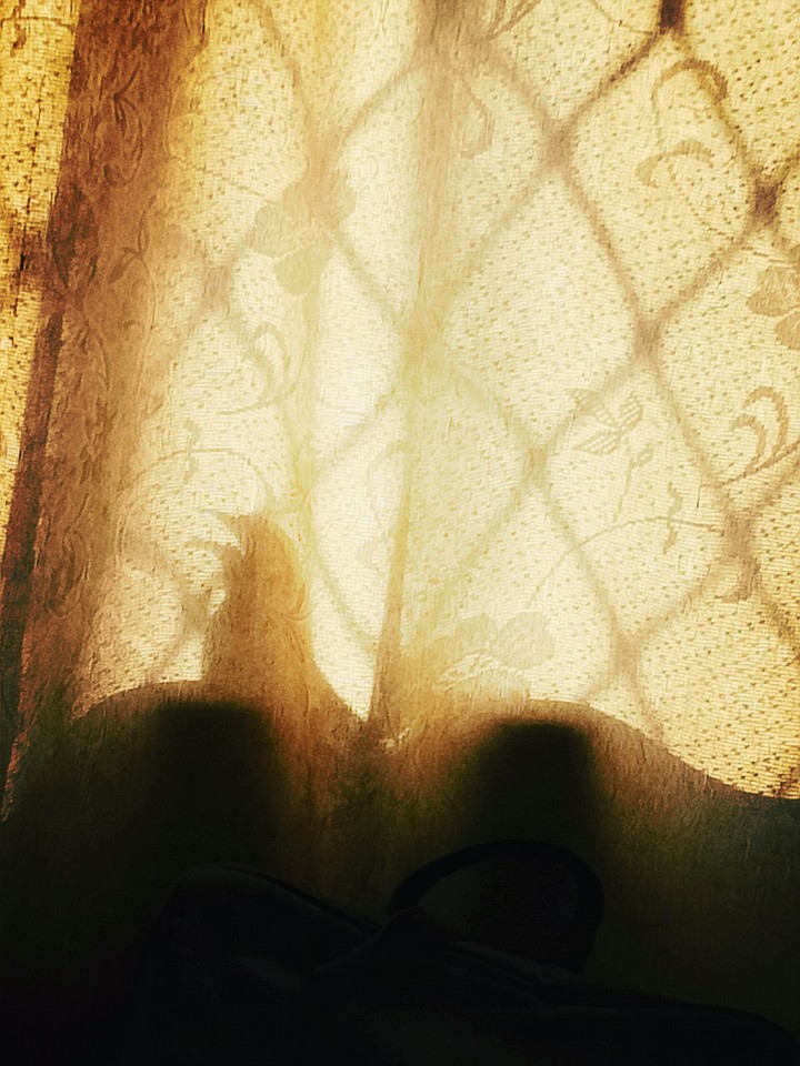 behind window curtain