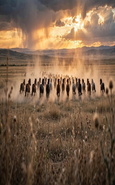 The horses are running towards the sunset.