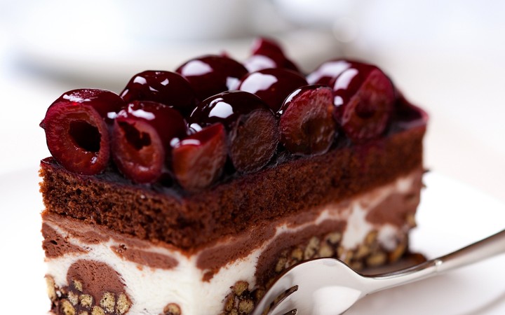Cake Sweet Dessert Berries Cherries Cream Fork Plate Syrup